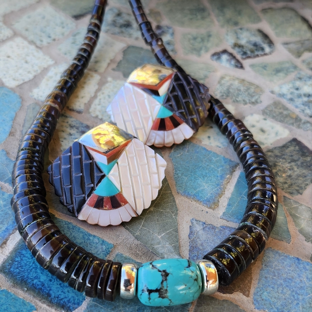 Sterling Silver Vintage Heishe Turquoise necklace Set